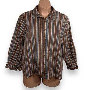 1x Vintage Roamans Brown Blue White Striped Button Front Top Plus